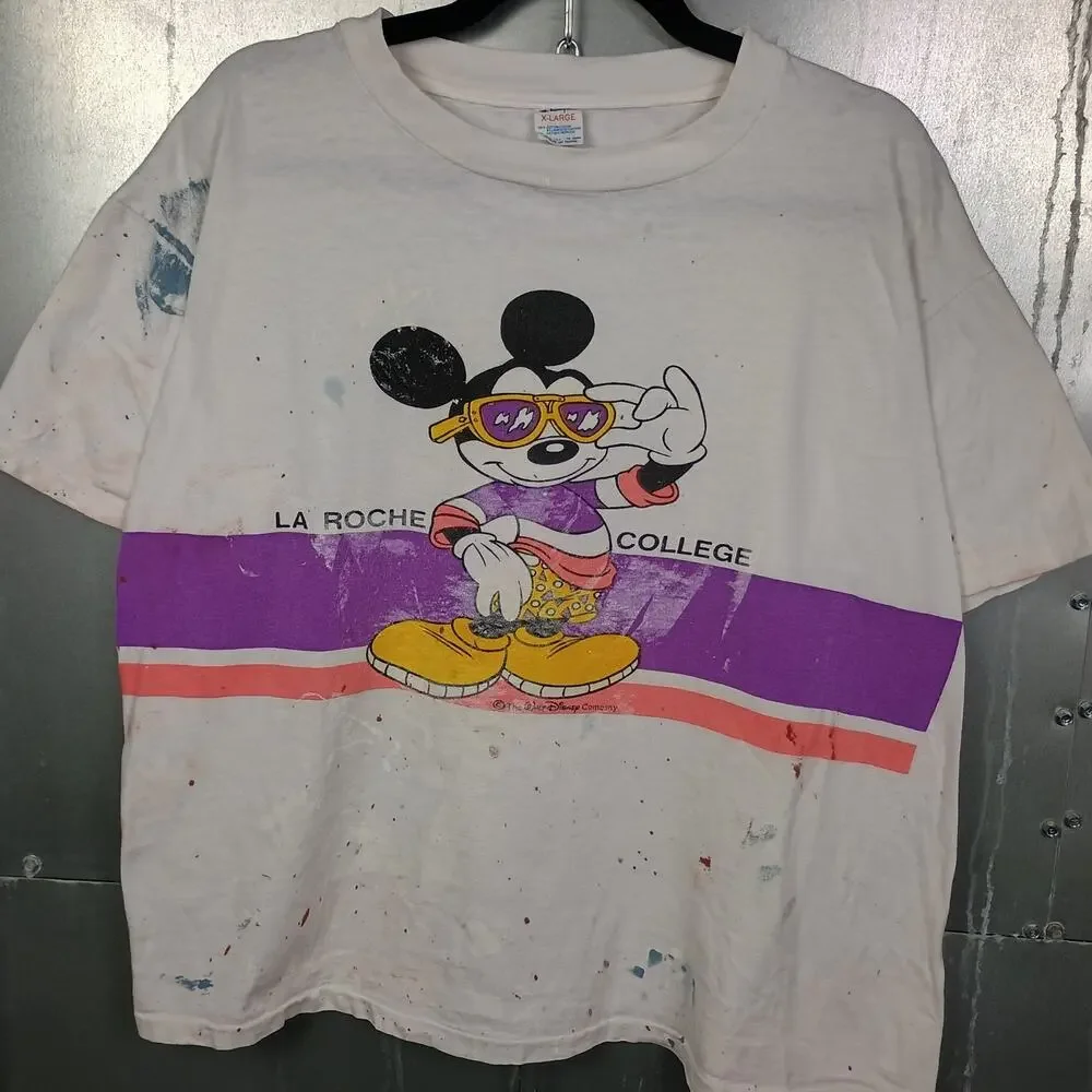 Mickey Mouse Vintage 80s Champion Paint La Roche Shirt XL Boxy Cropped College - Picture 2 of 6